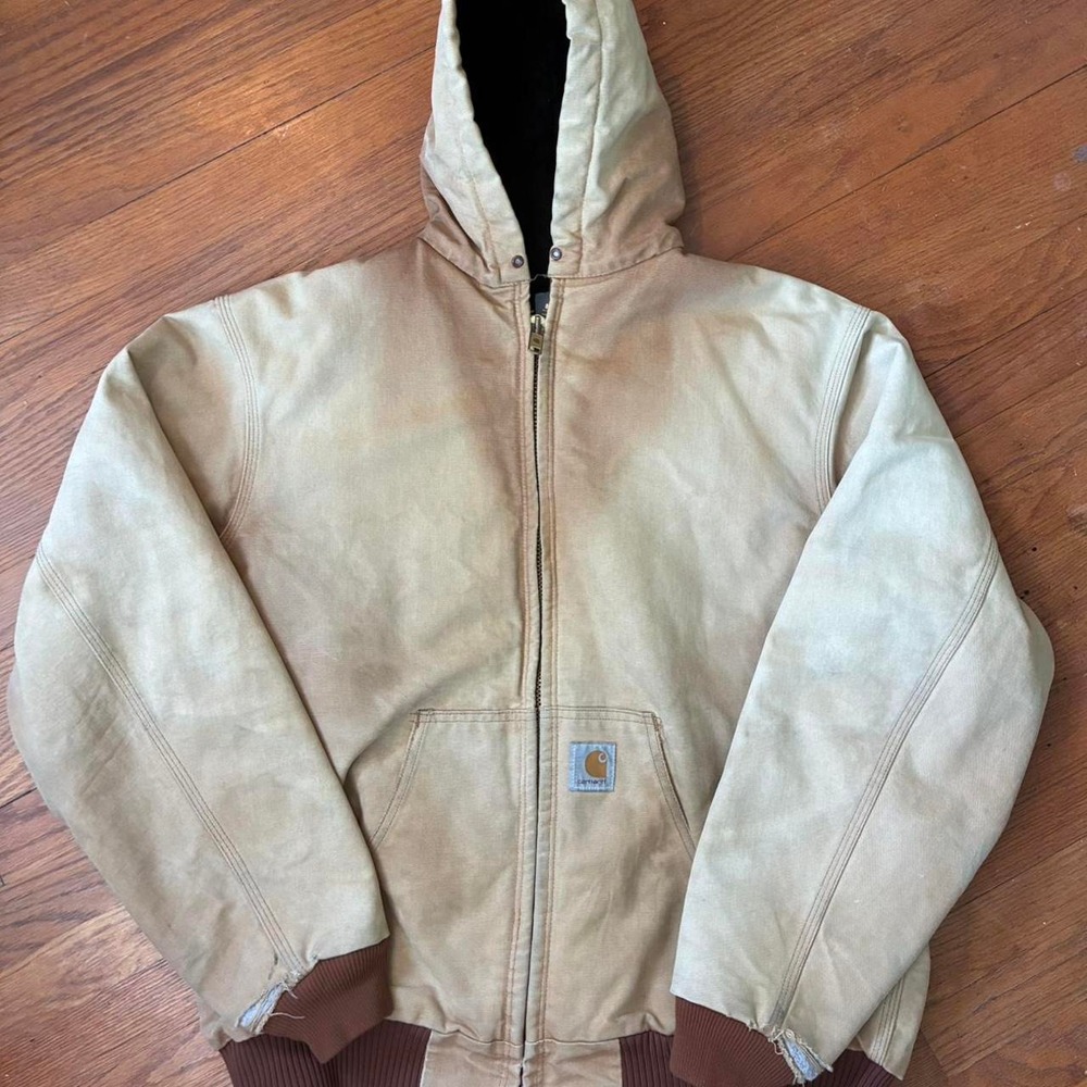 Vintage Carhartt Faded Tan Canvas Active Jacket Hooded Workwear Mens XL Tall